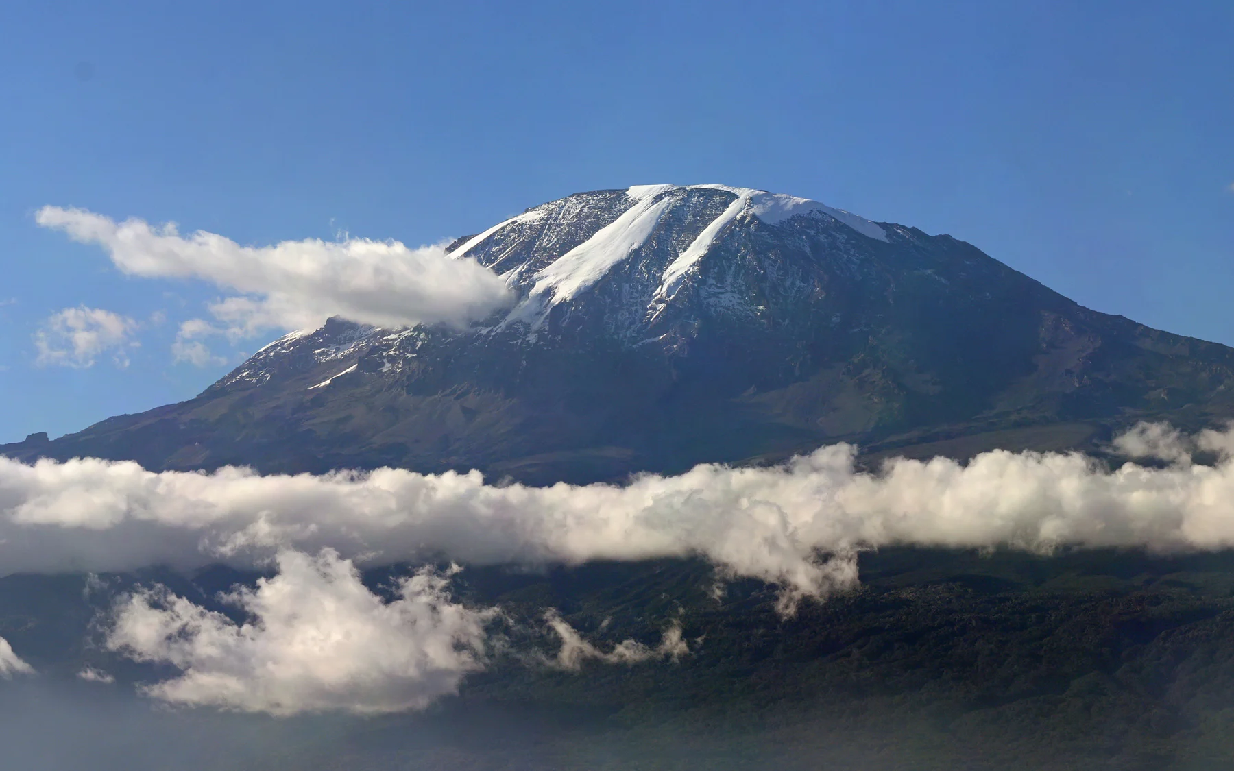 Mount Kilimanjaro rising above clouds in Tanzania